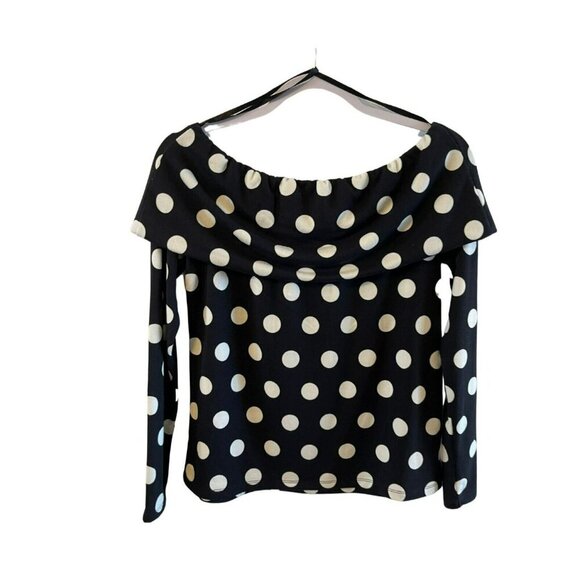 Ann Taylor Loft Womens Polka Dot Off Shoulder Tunic Top S soft knit Black White - Picture 2 of 4